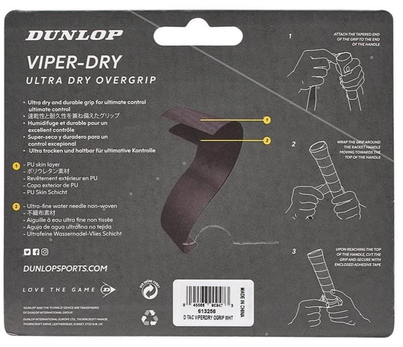 Dunlop Viper-Dry Tennis Overgrip - 3 Pack - White 2 Dunlop Viper-Dry Tennis Overgrip - 3 Pack - White - Image 2